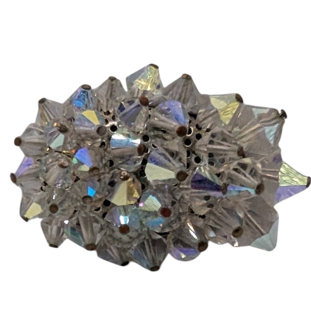 Vintage Aurora Borealis Brooch Clear Rhinestone Cluster Oval Mid Century Modern‎